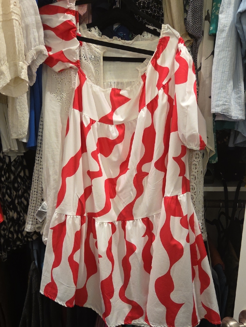 White Dress with Bold Red Wave Print